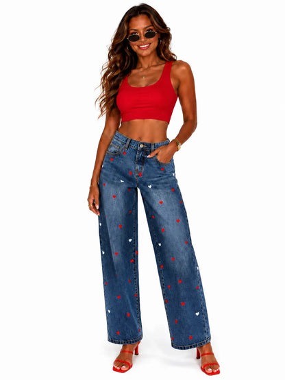 Utcoco Women'S Heart Graphic Wide Leg Jeans, Stretchy Denim Relaxed Fit Baggy Trousers for All Seasons, Trouser, Stretchy Baggy Jeans, Relaxed Fit Style, Loose Fit Wide-Leg Jeans